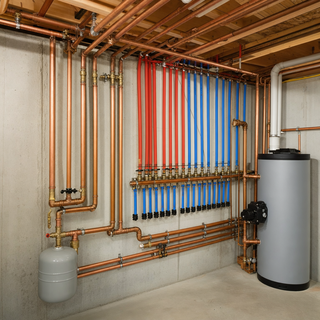 Neatly installed copper and PEX piping in a basement mechanical room
