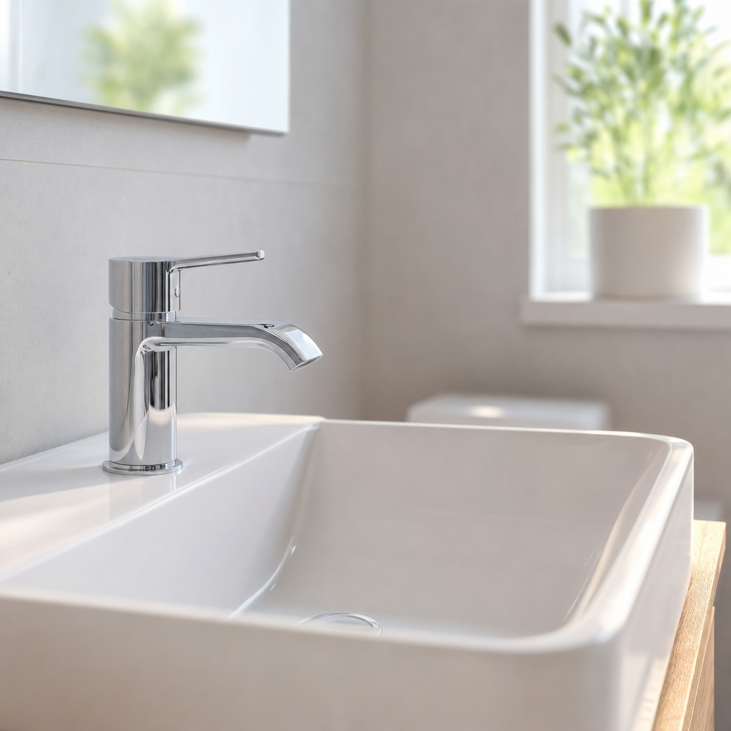 Modern bathroom with a freshly installed chrome faucet and white sink