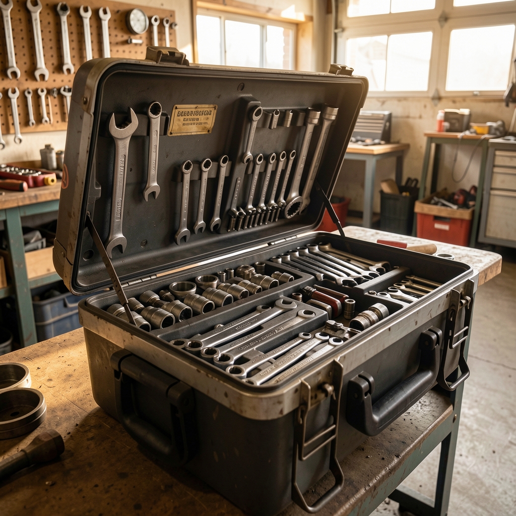 Open toolbox with organized wrenches and fittings in a plumber's van