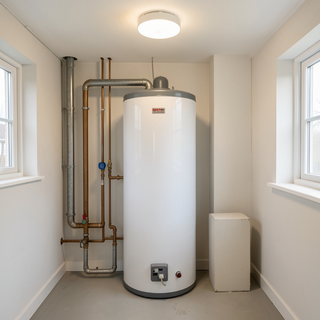 New hot water tank installed in a tidy utility room with clean pipe connections